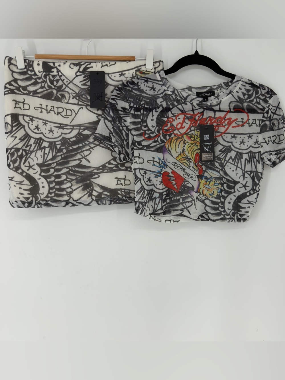 NWT Ed Hardy Tattoo Graphic Mesh Crop Top Mini Skirt Set Size Large